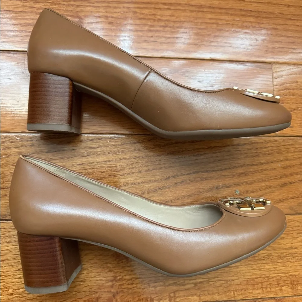 Tory Burch Tan Leather Block Heel Pumps with Gold Logo